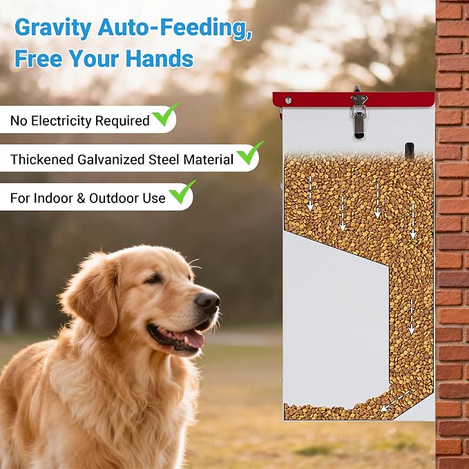 Automatic Dog Feeder - 25LBS Capacity Auto Gravity Dispenser | Powder Coated Dog Feeder, Waterproof for Indoor & Outdoor Use, 12.3"L x 10.5"W x 21.3"H, Red and White