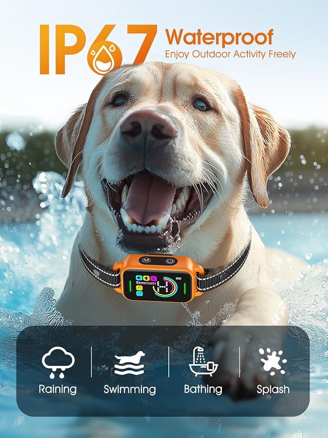 DINJOO Bark Collar for Large Medium Small Dogs - Smart AI 1S Stop Barking, Anti Barking Device & Dog Training Collar with Beep, Vibration & 8-Level Sensitivity, IP67 Waterproof - Pastel Orange