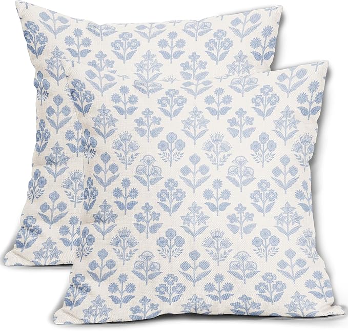 Baby Blue Floral Pillow Covers 18x18 Inch Set of 2, Vintage Flower Block Print Pattern Decorative Throw Pillowcases Outdoor Farmhouse Cushion Covers Spring Summer Rustic Sofa Couch Bed Decor