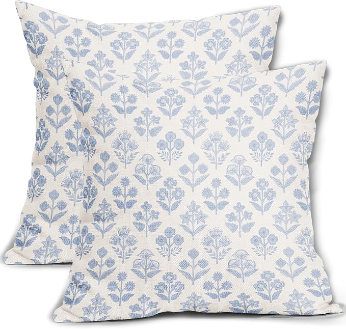Baby Blue Floral Pillow Covers 16x16 Inch Set of 2, Vintage Flower Block Print Pattern Decorative Throw Pillowcases Outdoor Farmhouse Cushion Covers Spring Summer Rustic Sofa Couch Bed Decor
