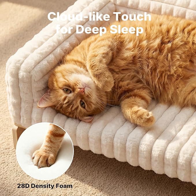 Veehoo Elevated Cat Bed Indoor, Wood Furniture Style Cat Couch Sofa | Indoor cats couch bed, removable washable cover, easy assembly, cozy fluffy cushion