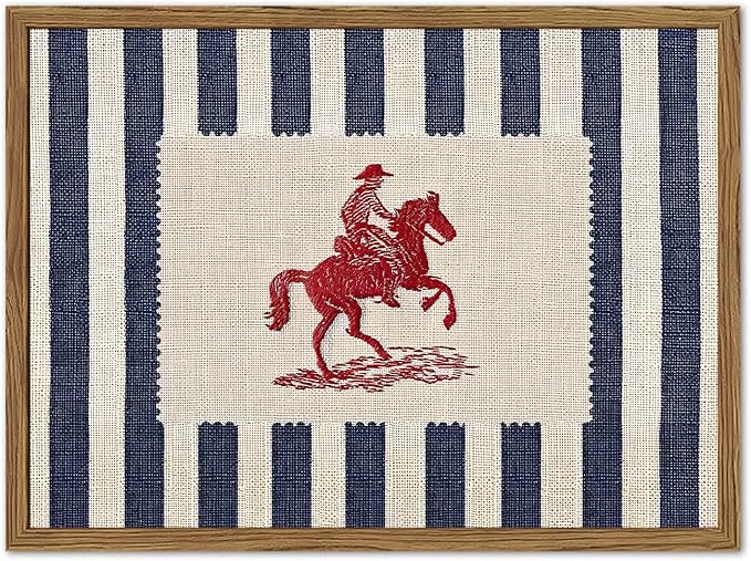 Vintage Western Wall Art Mid Century Striped Cowboy Wall Decor Painting Blue and White Southwest Poster Canvas Print for Bedroom Lving Room 12x16 inch Wood Framed
