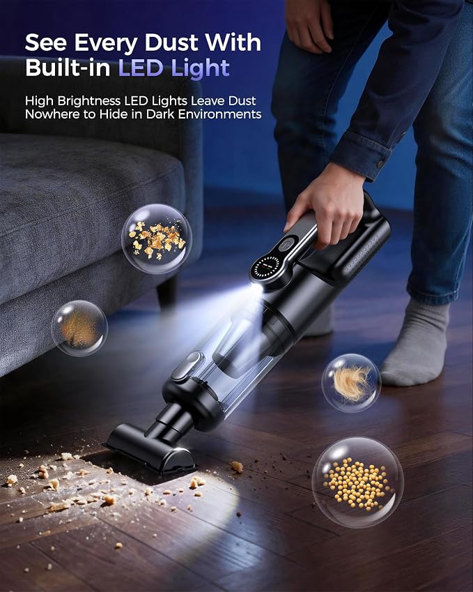 Cordless Handheld Vacuum Cleaner, 2-in-1 Vacuum & Blower, 36000Pa Suction Brushless Motor, Car Vacuum with LED Light, Lightweight, Portable for Car, Home, Office and Outdoor Use, Black