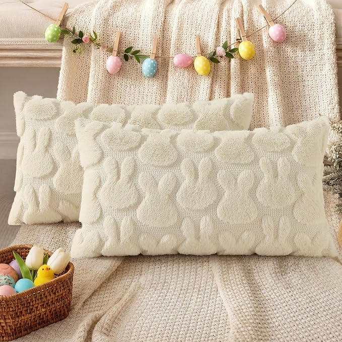 decorUhome Beige Faux Fur Bunny Throw Pillow Covers 12x20 Set of 2 | Plush Soft Wool Jacquard Beige Rabbit Cushion Covers, Modern Farmhouse Easter Holiday Decor PillowCases for Sofa Bed