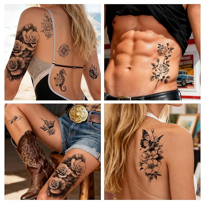 Yazhiji 92 Sheets Flower Temporary Tattoos For Women Arm Neck，Sunflower Serpent Peony Floral Rose Long Lasting Fake Tattoos For Adults Girl, Large Sexy Flowers Collection Waterproof Temporary Tattoos