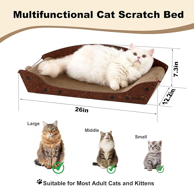 ZOMISIA 2 Pack 26'' Cardboard Cat Scratcher Bed - Large Scratcher Couch for Indoor Cats, Orthopedic Scratching Board, Lounger Scratching Couch with Bells