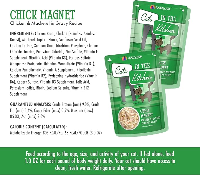 Weruva Cats in the Kitchen, Chick Magnet with Chicken & Mackerel in Gravy Cat Food, 3oz Pouch (Pack of 12)