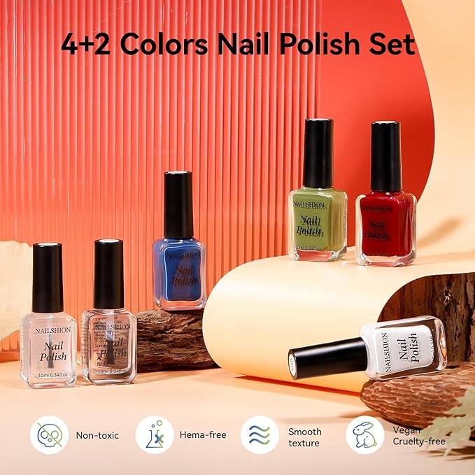 Classic Red Green Blue White Nail Polish Set with Clear Base & Top Coat, French Nail Polishes Non-Gel for All Seasons, Castor Oil, Quick Dry, Vegan,Hema-free, DIY Nails Art Gift for Women