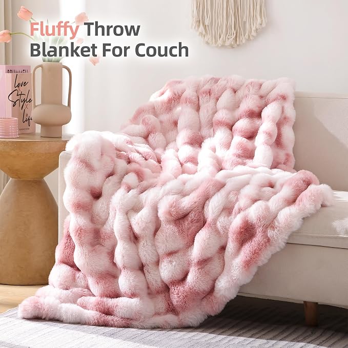 Faux Fur Throw for Couch - Tie-dye Pink Bubble Blanket 50"x60" | Fluffy Plush Fuzzy Throw for Sofa & Bed, Super Soft Cozy Comfrt Blanket, Luxury Aesthetic Pink Decor Gift for Women