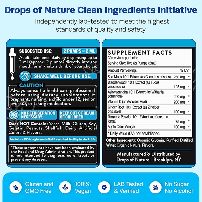 Ashwagandha & Turmeric Liquid Drops - Vitamin C, Sea Moss, Apple Cider Vinegar, Bladderwrack - Vegan Liquid Drops for Comprehensive Wellness Support & Vital Immunity (Strawberry Ginger Lemonade, 60mL)