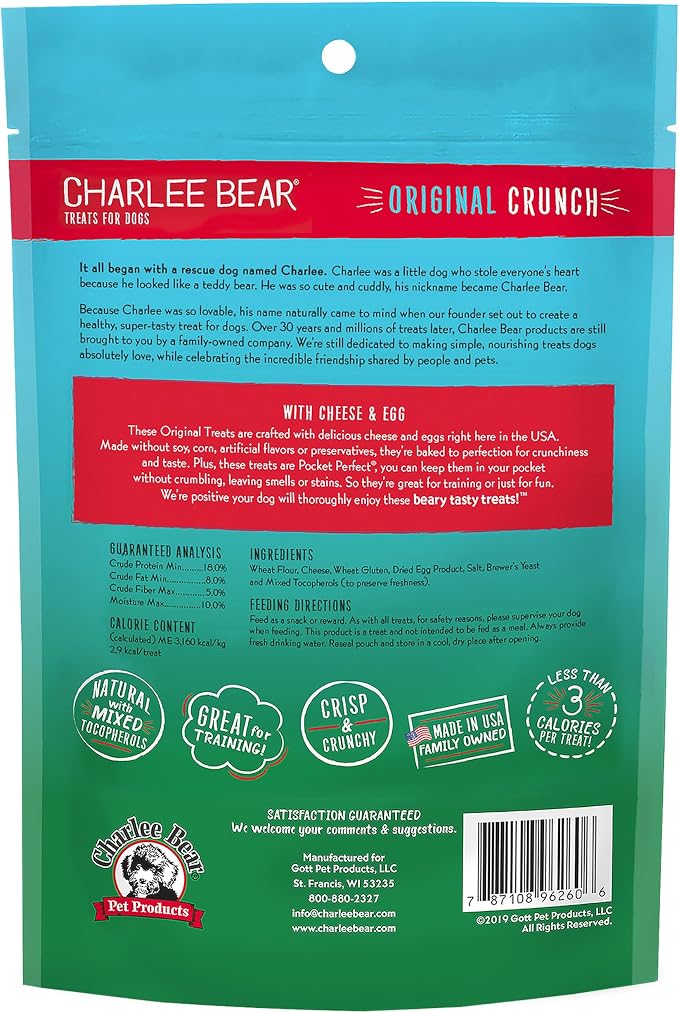 Charlee Bear Original Dog Training Treats, Cheese & Egg, 6 oz | Pocket-sized Training Treats, Crunchy Dog Treats, Limited Ingredient Recipe, Under 3 Calories per Treat, Made in USA
