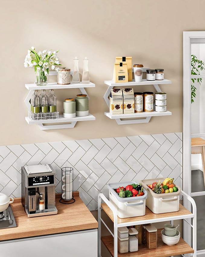 Hexagon Floating Shelves for Wall, Set of 2, 2 -Tier Hanging Shelves, Wall Mounted Storage Shelves, for Living Room, Bedroom, Kitchen, Home Office, Study, White TBJ06P2WB