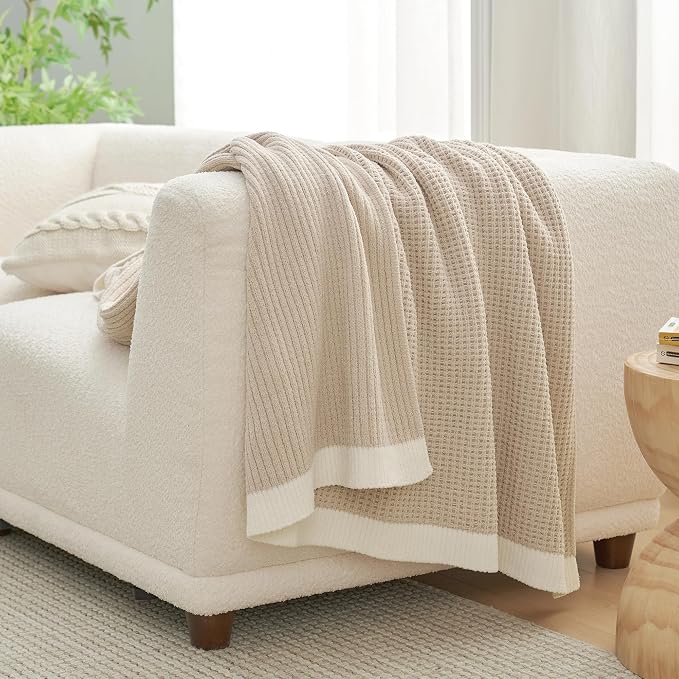 Chenille Throw Blanket, Soft Cozy Waffle Throw for Couch & Sofa, Warm Yet Lightweight, Breathable All-Season Throws for Women Men, Housewarming, Birthdays, 50"x60", Beige