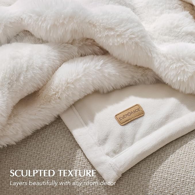 Faux Rabbit Fur Bubble Throw Blanket, 60"x80", Ivory White | Ultra Soft, Luxury Faux Rabbit Fur Throw, Thick Warm Bubble Blanket, Cozy Fluffy Reversible, for Bed, Couch, Chair, Sofa