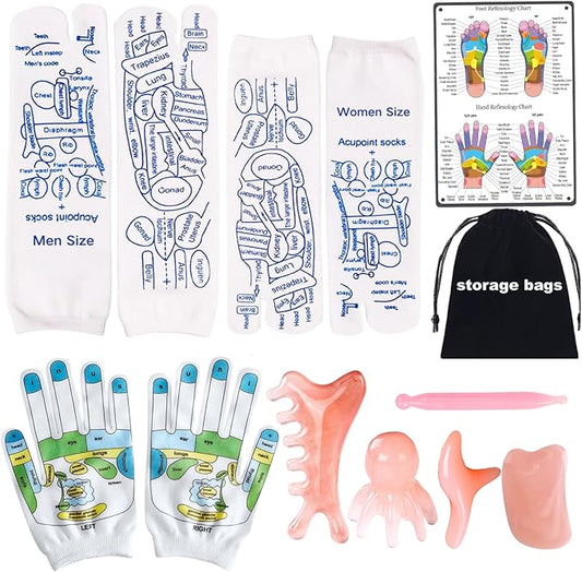 Reflexology Socks with Gloves Tools Set, 2 Pairs Foot Massage Socks for Men Women, Reflexology Socks with 5pc Tools, Socks with Trigger Point, Acupressure Massage Socks for Women and Men
