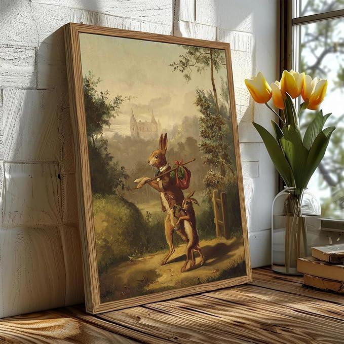 Funny Rabbit Wall Art Whimsical Bunny Wall Decor Painting Vintage Cottagecore Easter Animal Poster Canvas Prints Hare Family Picture Artwork for Living Room Bedroom 16x24 inch Wood Framed