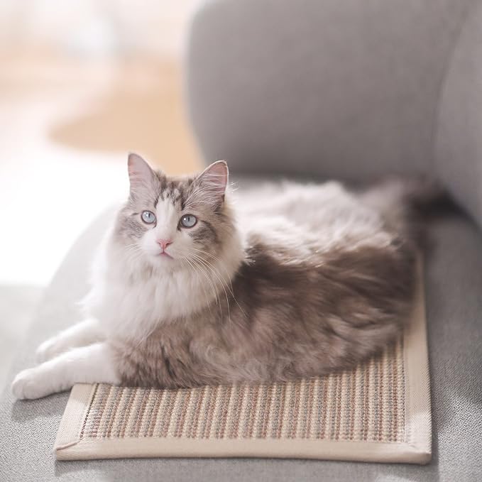 FUKUMARU Cat Scratcher Mat, 23.6 X 15.7 Inch Natural Sisal Cat Scratch Mat | Horizontal Cat Scratching Pad Mat Floor Rug with Sticky Tapes, Cat Wall Scratcher for Indoor Cats, Protect Carpet, Thicken