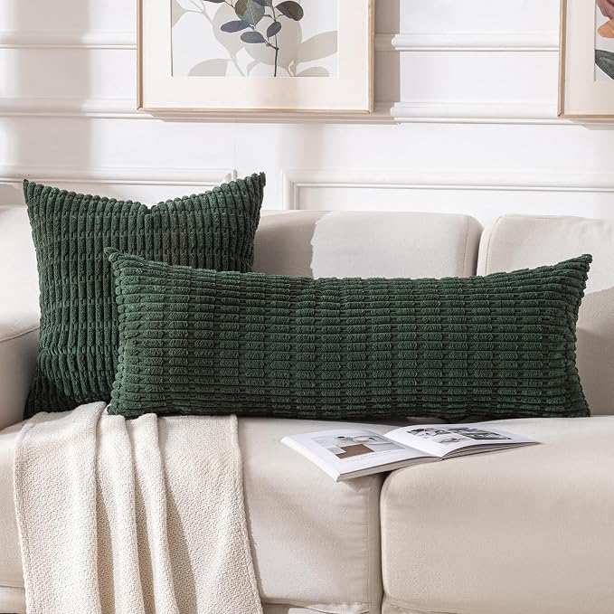 Fancy Homi Decorative Throw Pillow Covers for Bed Couch Bedroom Bench, Soft Corduroy Solid Pillow Case, Rustic Farmhouse Boho Room Decor,36" x 14" (Pack of 1),Dark Green