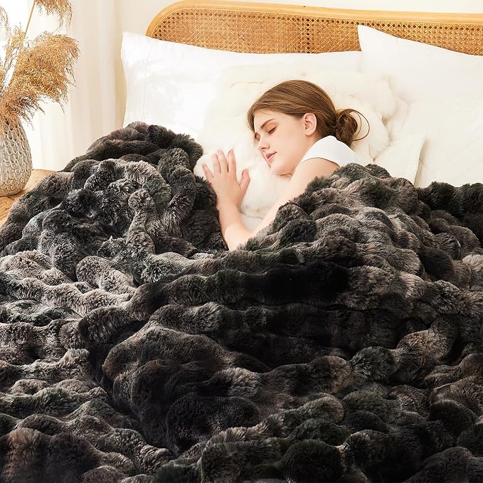 L'AGRATY Faux Rabbit Fur Throw Blanket for Couch, 60'' x 80'', Tie-Dye Gray | Soft Cozy Bubble Fluffy Blanket for Sofa Bed, Thick Warm Plush Fuzzy Throw for Room Home Decor, Luxury Gift for Women Mom