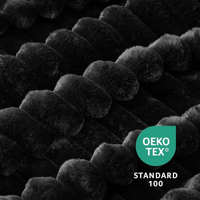 Faux Fur Throw Blanket for Couch, Cozy Fuzzy Fluffy Fur Luxurious Soft Striped Plush Gift Blankets for Family Sofa Chair Bedroom, 55"x70", Black