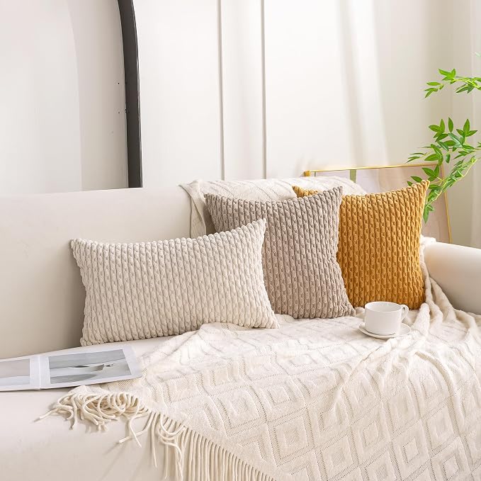 Set of 4 Beige Brown Coffee Decorative Throw Pillow Covers 16x16 Inch Corduroy Pillow Covers for Bed Couch Sofa Living Room Soft Square Cushion Cases