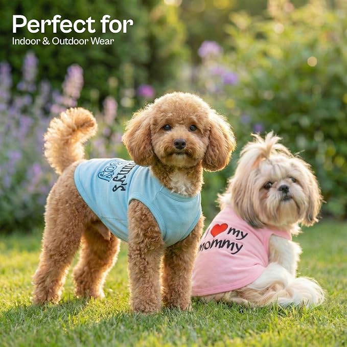Parisian Pet 2 Pack Dog Shirts – 100% Cotton Shirts for Small Dogs Boys – Sleeveless Mommy’s Love Dog Clothes – Breathable and Lightweight Pet Apparel - Stretchy Summer T Shirts for Dogs