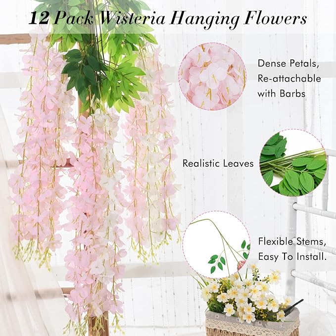 12 Pack Wisteria Hanging Flowers, Pink White Wisteria Artificial Flowers, 3.6 Feet/Pcs Fake Wisteria Flowers Garland Vines for Bedroom Wedding Home Party Wall Decoration
