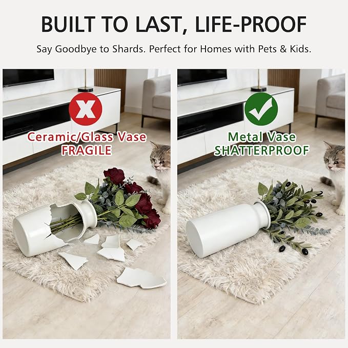 Set of 2 Seamless Metal Vase for Flowers, 10.8" Modern Matte White Floral Vase Set, Shatterproof & Leakproof, Minimalist Home Decor Centerpiece for Dining Table, Mantle, Shelf