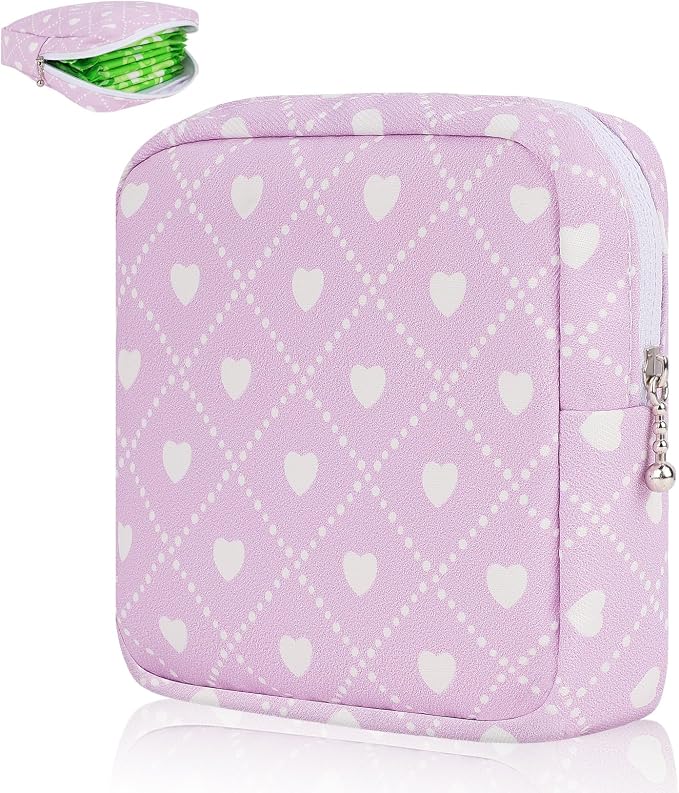 Sanitary Pad Storage Bag Portable Period Bag for Teen Pads/Sanitary Napkins/Small Tampons, Sanitary Napkin Storage Bag First Period Gifts for Teen Girls (Purple Hearts)