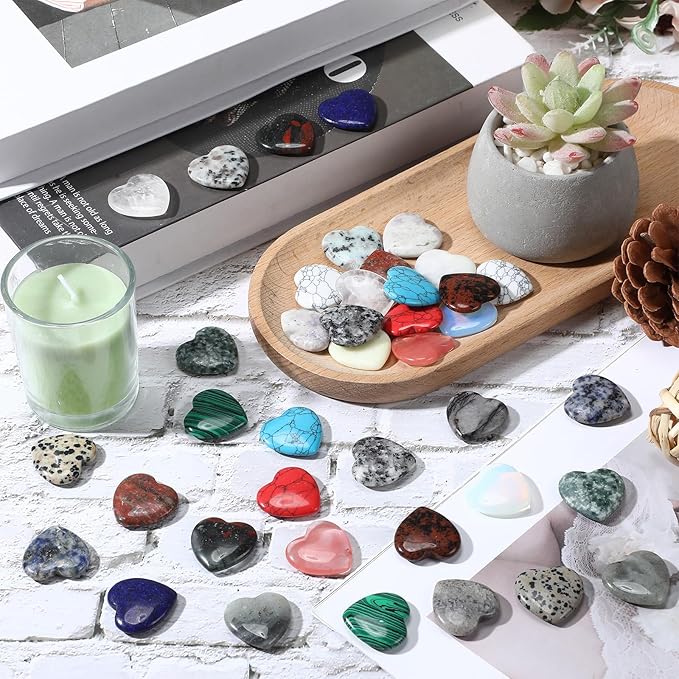Nuenen 40 Pcs 1 Inch Heart Shaped Crystal Valentines Gift Worry Stone Bulk Heart Rock Tiny Trinkets Healing Crystal Gemstone Palm Pocket Love Carved Rock for Mom Women Meditation