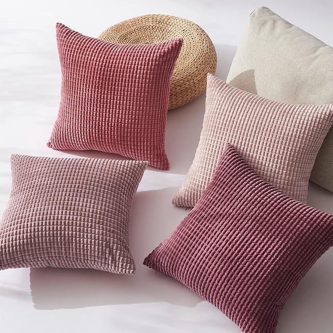 Topfinel 4 Packs Pink Decorative Throw Pillow Covers 16x16 Inch for Living Room Couch Bed Sofa, Boho Western Farmhouse Home Decor, Square Soft Moss Corduroy Fall Cushion Case 40x40 cm