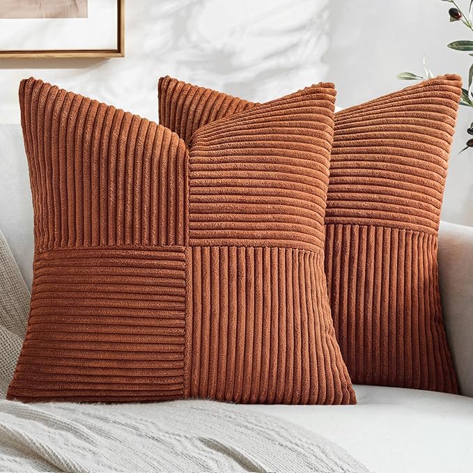 MIULEE Fall Rust Boho Decorative Throw Pillow Covers for Couch 16x16 Inch | 2 Pack, Boho Farmhouse Pillow Covers, Soft Cross Corduroy Patchwork Textured Cushion Cases For Bed Sofa