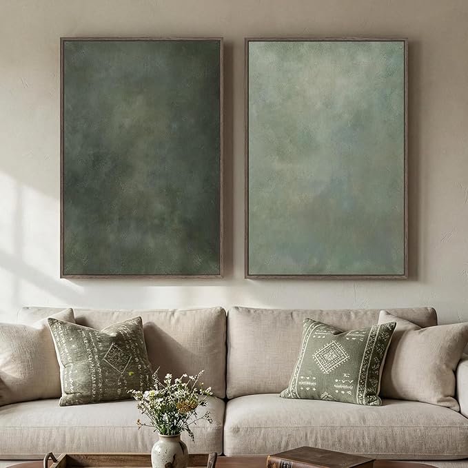 Large Framed Green Abstract Wall Art Set of 2, Modern Sage Green Canvas Prints Paintings Artwork for Walls, Minimalist Pictures for Living Room Dining Room Bedroom Office Wall Decor 24x36 In