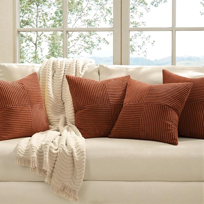 MIULEE Fall Boho Farmhouse Rust Decorative Throw Pillow Covers 20x20 Inch 4 Packs Soft Vintage Pillow Cases Modern Corduroy Patchwork Cushion Covers for Couch Sofa Bed Home Decor, Terracotta