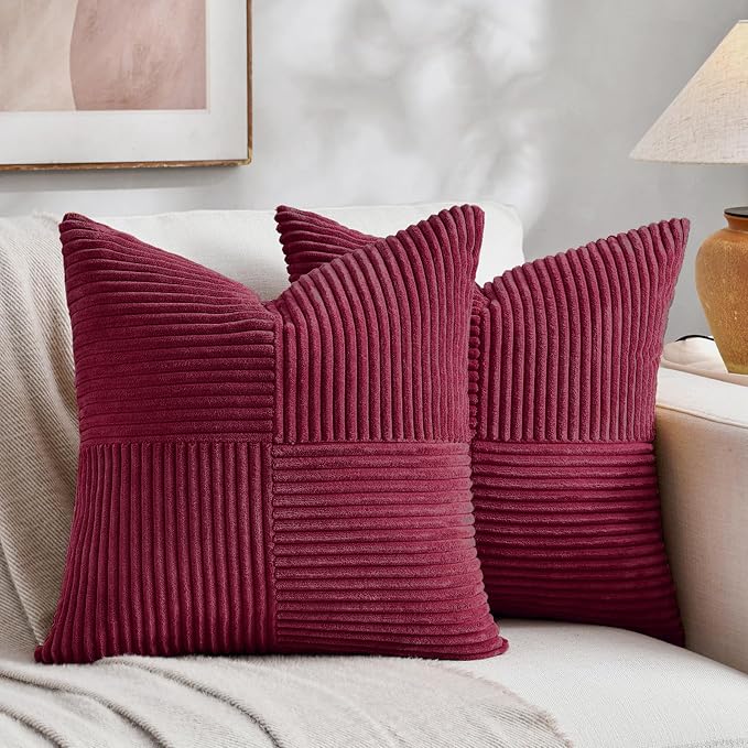 Fancy Homi Set of 1 Burgundy Square Decorative Throw Pillow Covers 14x14 Inch for Living Room Bedroom Couch Bed Sofa, Soft Striped Corduroy Modern Rectangle Accent Cushion Case 35x35 cm