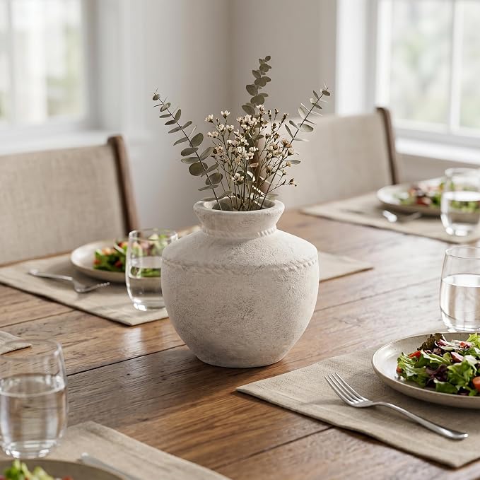 Rustic Farmhouse Vase 6 Inch Small White Ceramic Flower Vases for Home Decor Vintage Pottery Vase for Living Room Bedroom Shelf Office Coffee Table Centerpiece