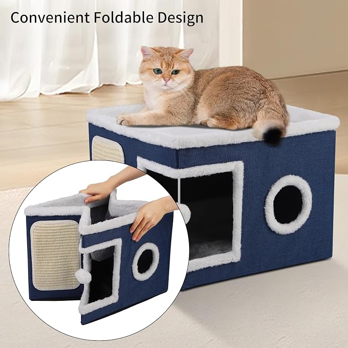 Shikha Cat House Bed for Indoor Cats with Fluffy Ball and Scratch Pad Blue | Foldable Large Cat Cave Hideaway with Cozy Condo, Hide and Seek Window, Holds Up to 30LBS, All Season Reversible Cushion