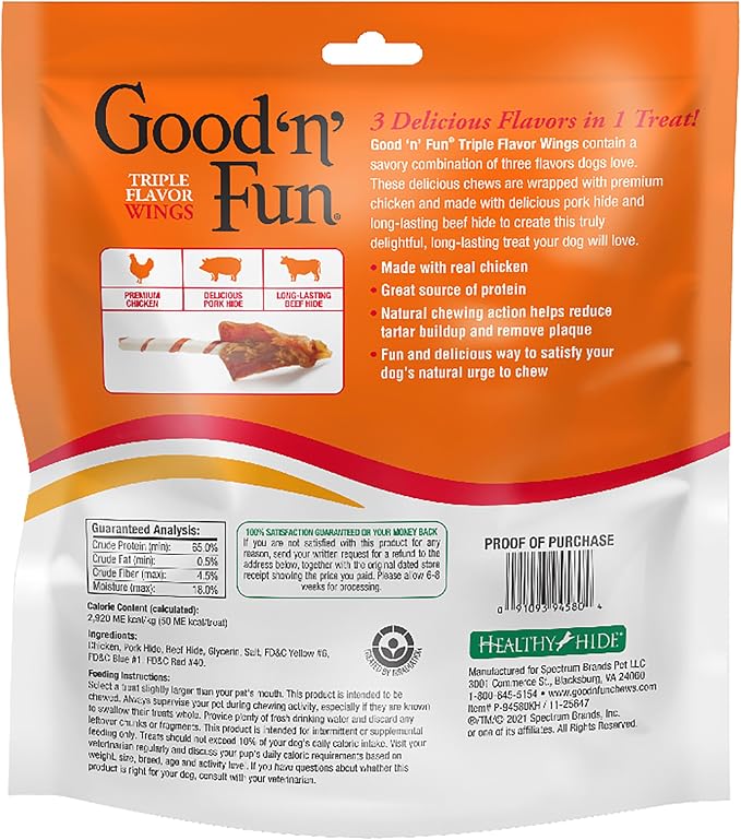 GOOD 'N' FUN Wings Long-Lasting Dog Treat Made with Real Protein, 24 oz | Premium Chicken, Pork and Beef Hide Chew, Supports Dental Health and Mental Stimulation, For Adult Dogs