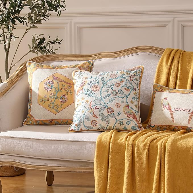 patdrea French Vintage Linen Throw Pillow Cover,18"x18"-Magnolia A | Decorative Pillow Case with Zipper,Yellow Floral Pattern,Cushion Coverfor Couch Living Room Bedroom Sofa
