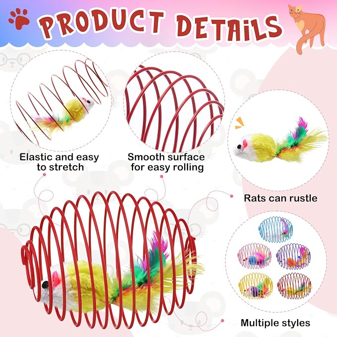 Jecery 5 Pcs Cat Toys Spring,Cute Mouse,Bright Color
