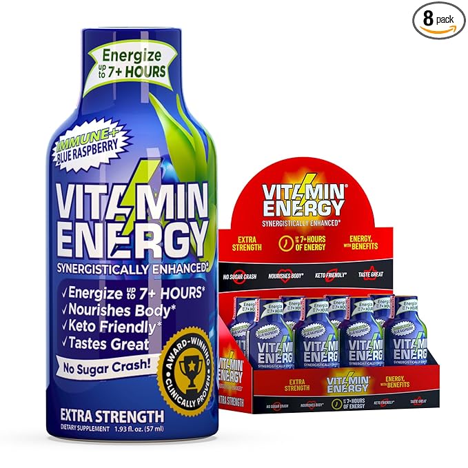 Vitamin Energy Immune+ Extra Strength Energy Shot Blue Raspberry 8 Pack, 260mg Natural Caffeine, B-Vitamins, Citicoline, Green Tea, Immunity & Focus Support, Zero Sugar, Gluten-Free 1.93 fl oz
