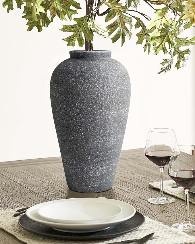 Large Ceramic Flower Vase 11 Inches, YBX Black Rustic Ceramic Vase, Decorative Farmhouse Tall Vase for Home Decor, Living Room, Bedroom, Centerpieces, Console, Wedding, Table Decorations, Black