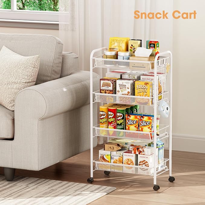 TOOLF 4 Tier Rolling Cart, Metal Utility Storage Cart with Wheels, White | 3 Hooks, Screwless Assembly, Trolley Organizer for Bathroom, Kitchen, Office, Nursery, Dorm, Laundry Room