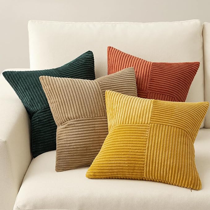 MIULEE Fall Green Rust Throw Pillow Covers 18x18 Inch Set of 4 Boho Farmhouse Soft Corduroy Striped Cushion Cases Decorative Color-Clash Home Decor for Couch Sofa Living Room Bed