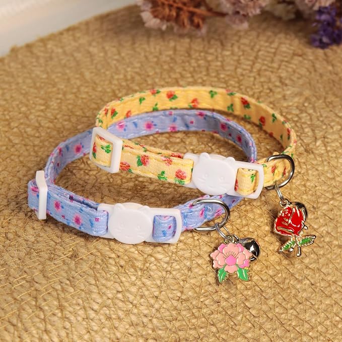 Cat Collars for Girl Cats & Boys, 2 Pack Soft Cotton Breakaway Collar with Removable Bell and Cute Charms, Adjustable Safety Pet Necklace, Rose