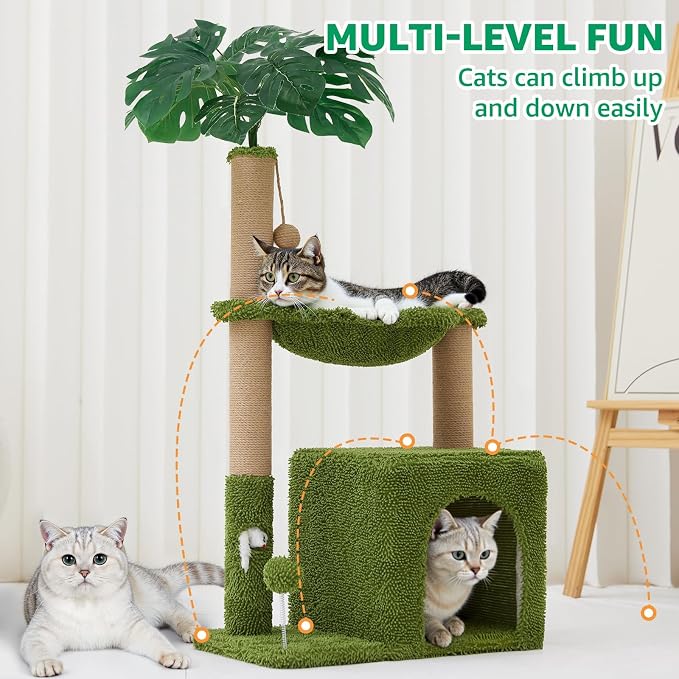 37" Small Cat Tree with Scratching Posts，Green Cat Scratcher Tower | Sisal Cat Scratcher,Cozy Hammock,Cat Condo,Interactive Cat Toys for Kittens