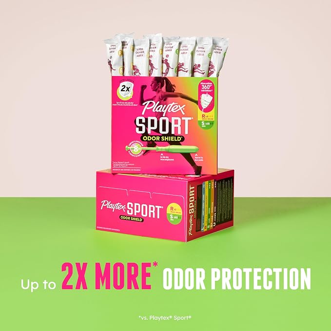 Playtex Sport Odor Shield Tampons Regular Absorbency, Unscented - 32ct | Regular Tampons for Women, Feminine Care, Playtex Tampon with 360 Leak Defense and Odor Control