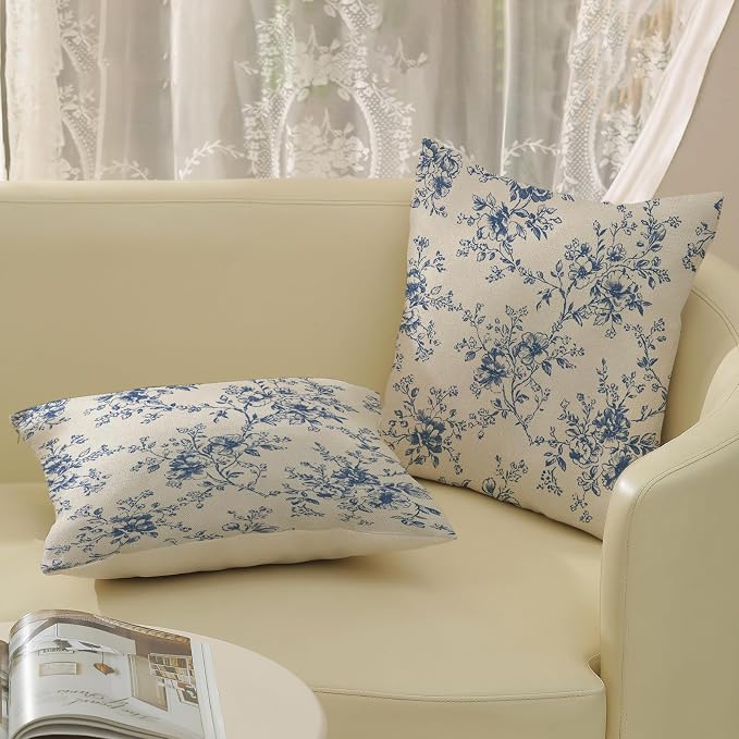 Blue and Cream Flower Pillow Covers 18x18 Set of 2 Chinoiserie Floral Decorative Throw Pillows Vintage Toile Flower Pillowcase Linen Outdoor Farmhouse Cushion Cover for Couch Sofa Decor