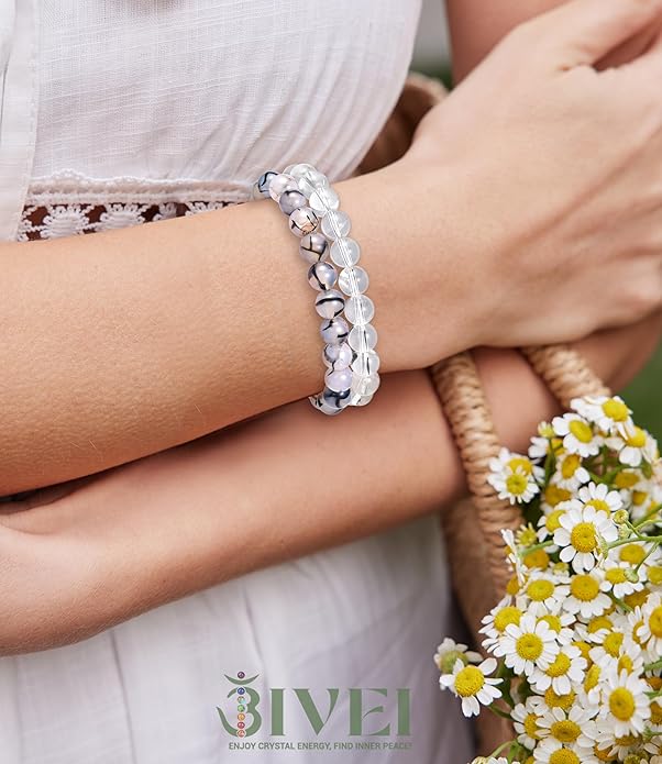 Bivei Natural Gemstone Semi Precious Healing Crystals Handmade Stretchy Round Beads Bracelet,Stocking Stuffers for Women Enhance Positive Energy