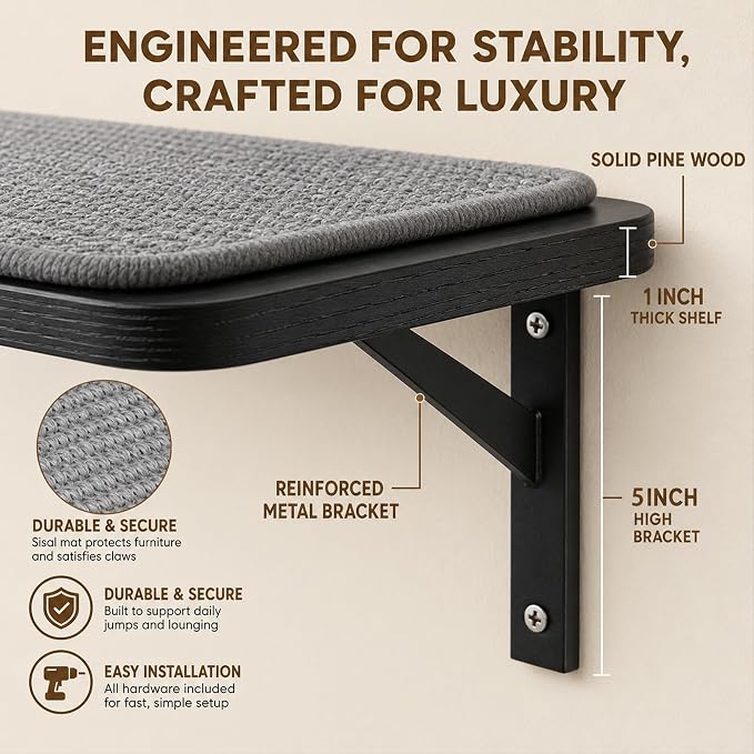 Cat Wall Shelf Window Perch, Cats Bed Hammock with Scratching Pad, Cat Shelf for Climbing Sleeping Playing,Black Furniture for Indoor Large Cats